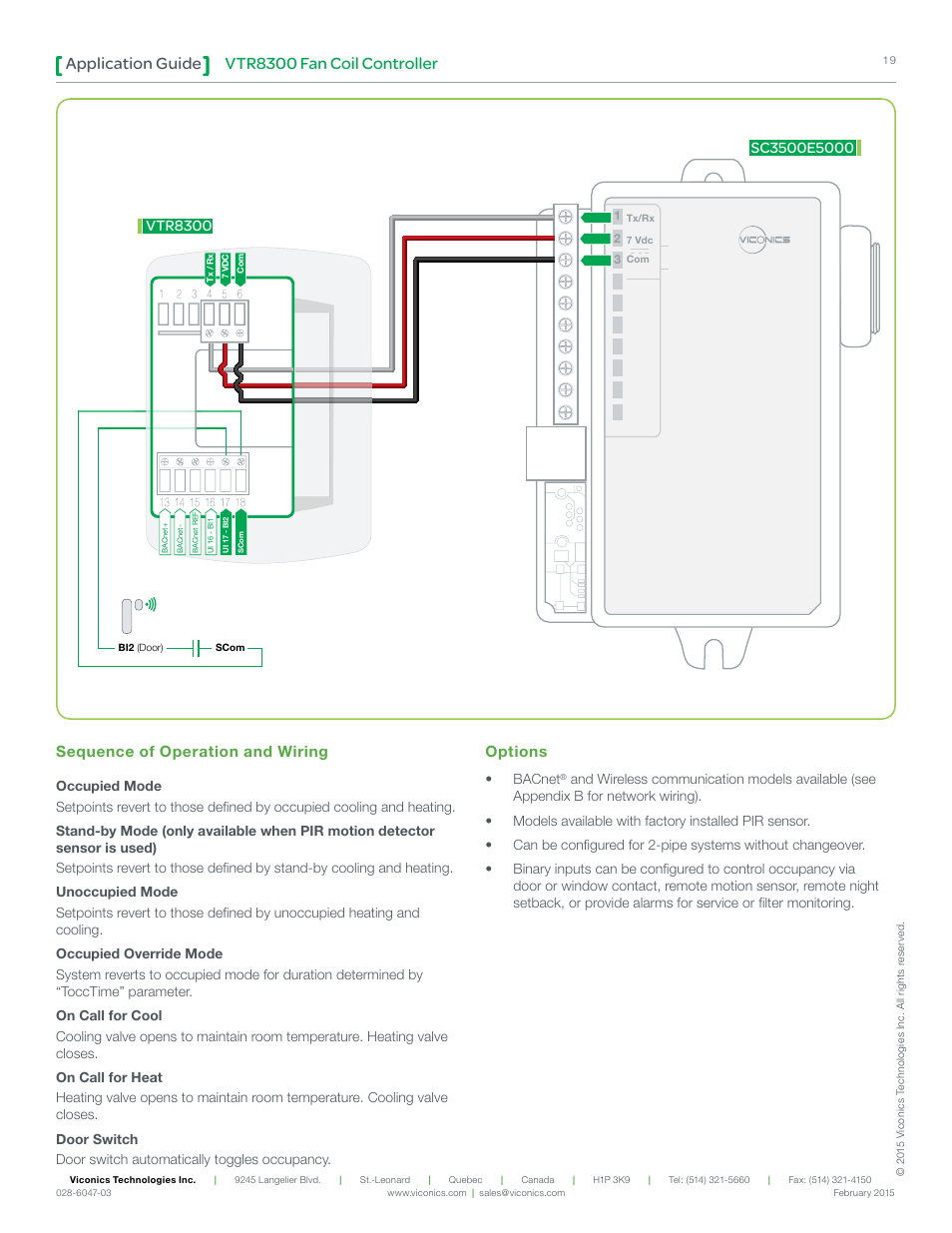Vtr8300 fan coil controller application guide, Sequence of operation and wiring, Options | Bacnet | Viconics VTR8300 Line Voltage Application Guide User Manual | Page 19 / 23