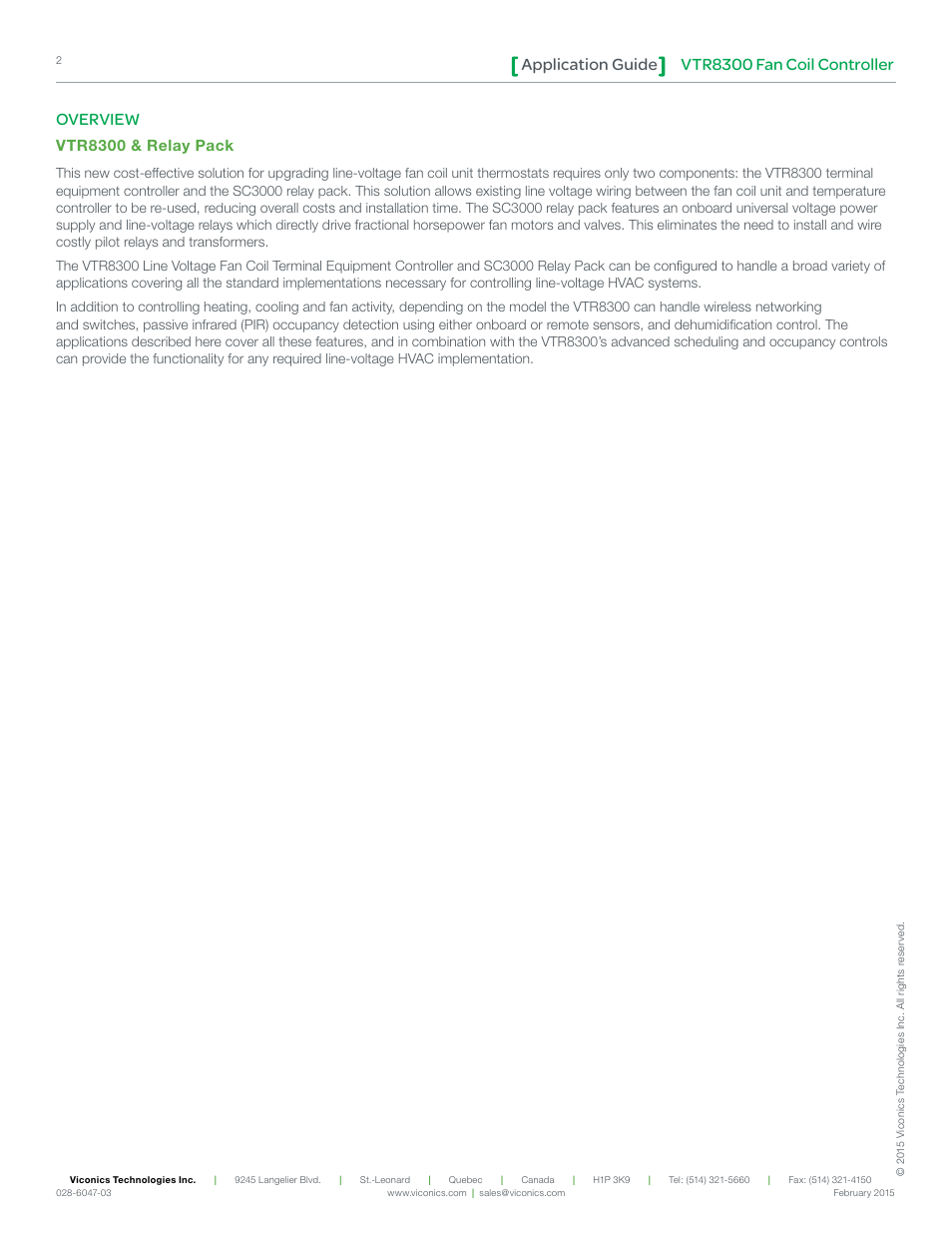 Vtr8300 fan coil controller application guide, Overview, Vtr8300 & relay pack | Viconics VTR8300 Line Voltage Application Guide User Manual | Page 2 / 23