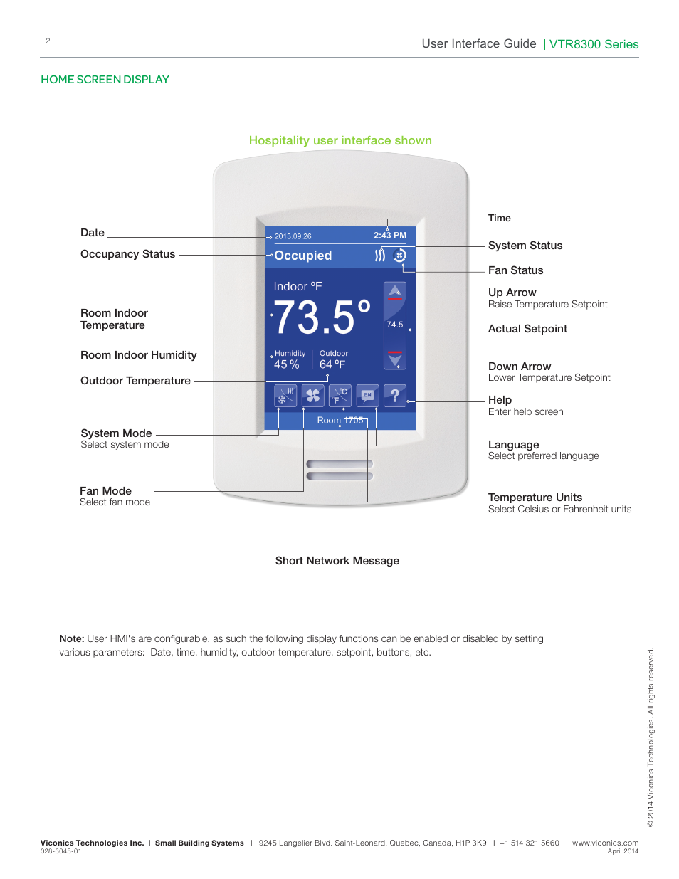 Vtr8300 series, User interface guide, Home screen display | Hospitality user interface shown | Viconics VTR8300 Line Voltage User Interface Guide User Manual | Page 2 / 32