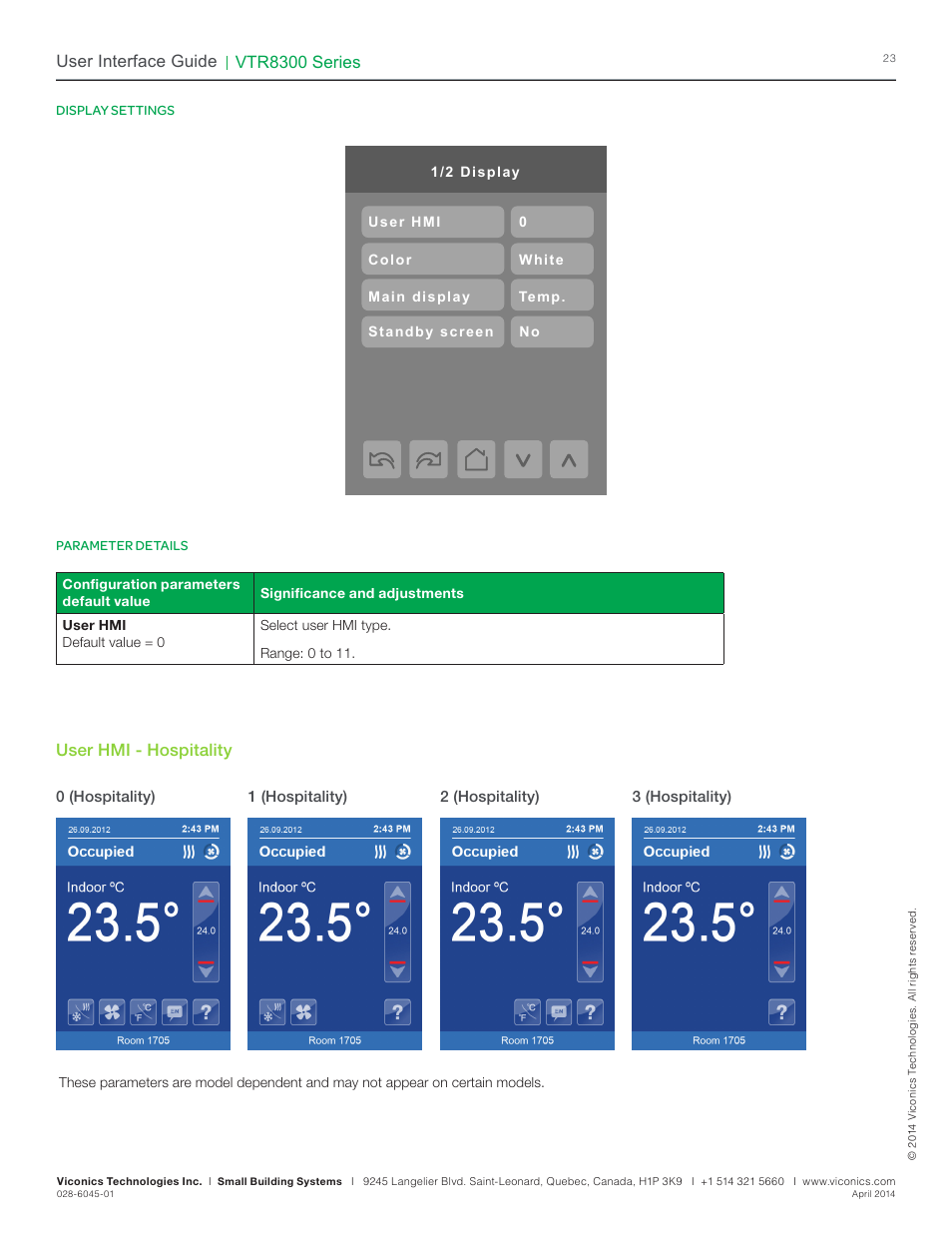 Vtr8300 series, User interface guide, User hmi - hospitality | Viconics VTR8300 Line Voltage User Interface Guide User Manual | Page 23 / 32