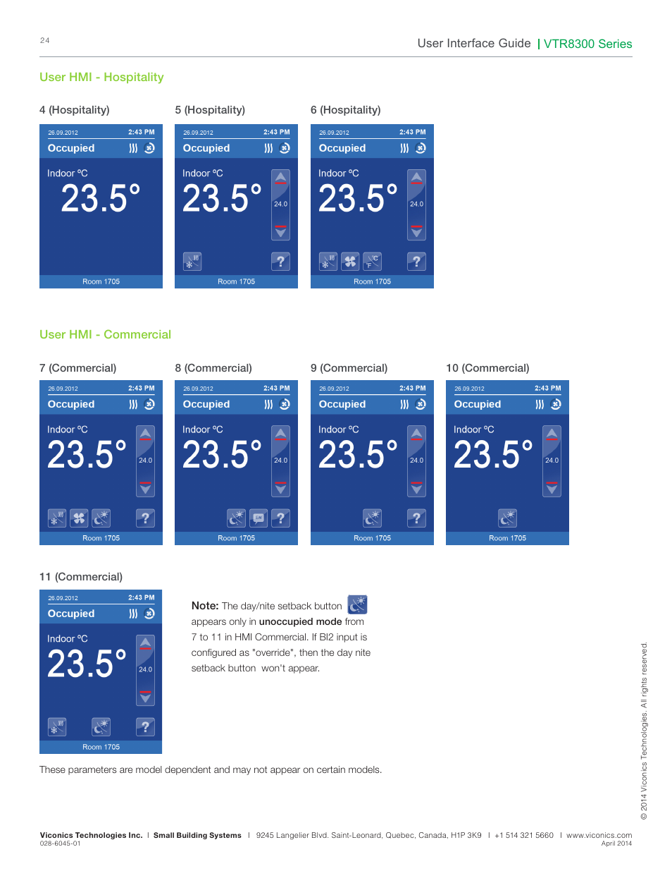 Vtr8300 series, User interface guide, User hmi - hospitality | User hmi - commercial | Viconics VTR8300 Line Voltage User Interface Guide User Manual | Page 24 / 32