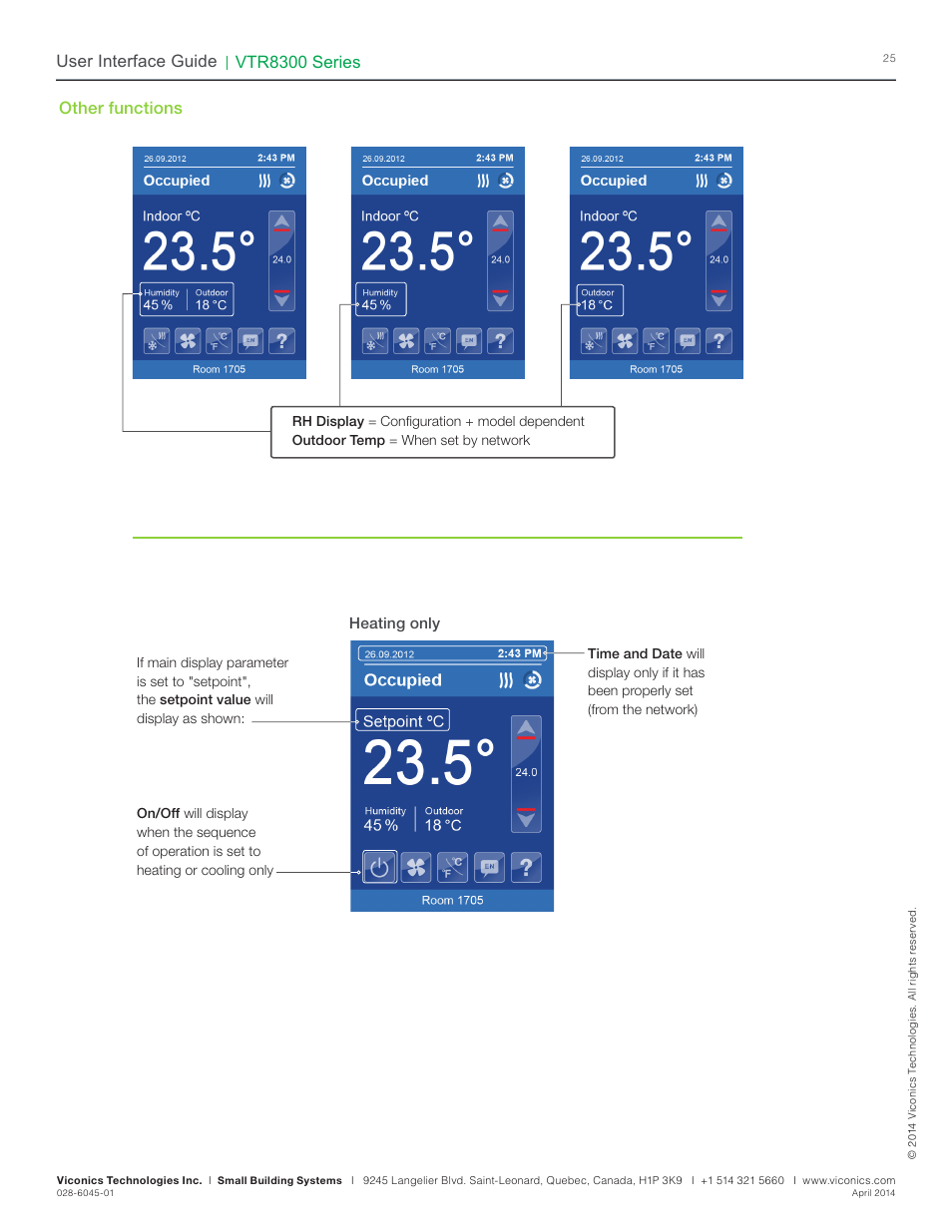 Vtr8300 series, User interface guide, Other functions | Heating only | Viconics VTR8300 Line Voltage User Interface Guide User Manual | Page 25 / 32
