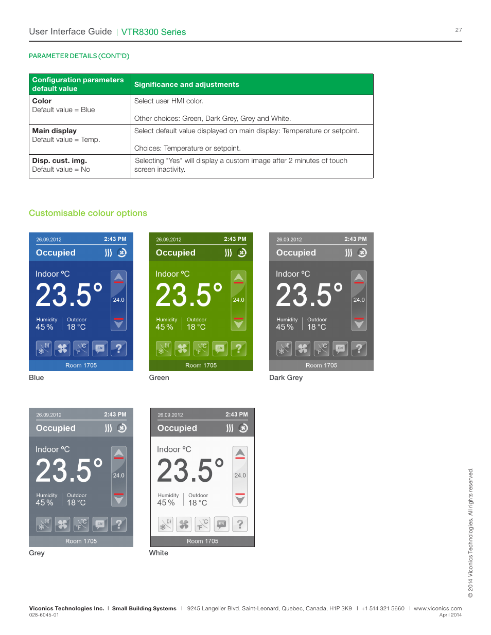 Vtr8300 series, User interface guide, Customisable colour options | Viconics VTR8300 Line Voltage User Interface Guide User Manual | Page 27 / 32
