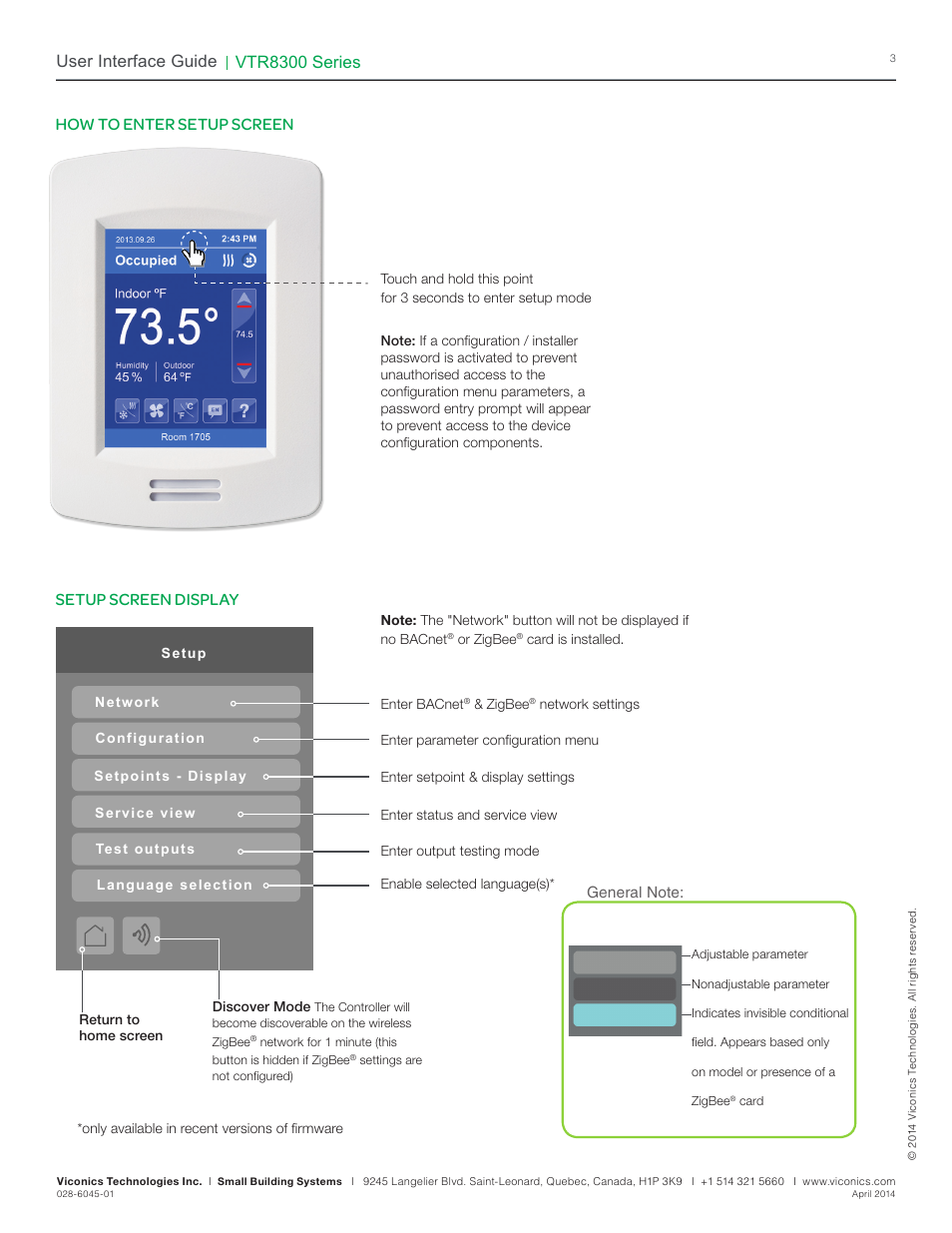 Vtr8300 series, User interface guide, How to enter setup screen setup screen display | Viconics VTR8300 Line Voltage User Interface Guide User Manual | Page 3 / 32