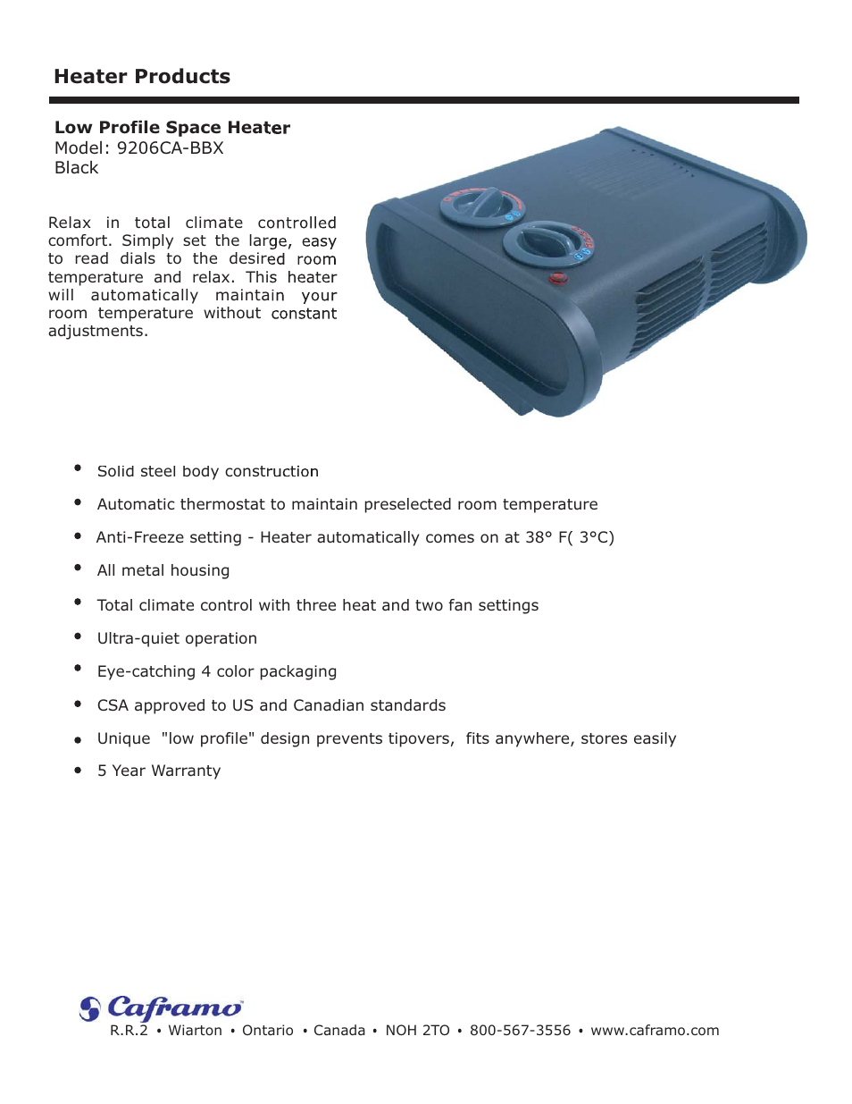 Caframo Low Profile Space Heater 9206CA-BBX User Manual | 1 page