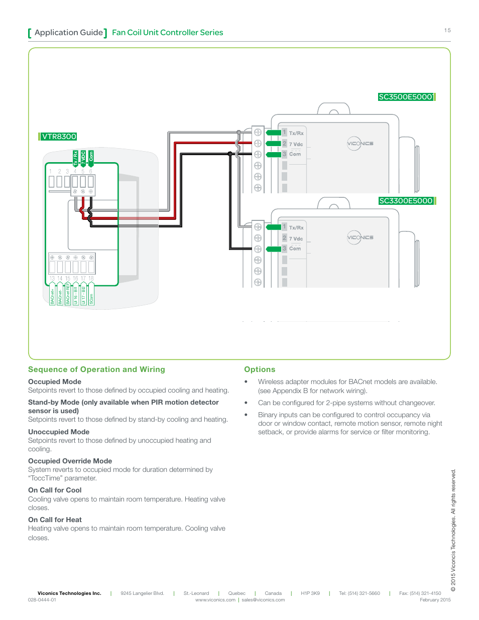 Fan coil unit controller series application guide, Sequence of operation and wiring, Options | Viconics VT8300 Low Voltage Application Guide User Manual | Page 15 / 64