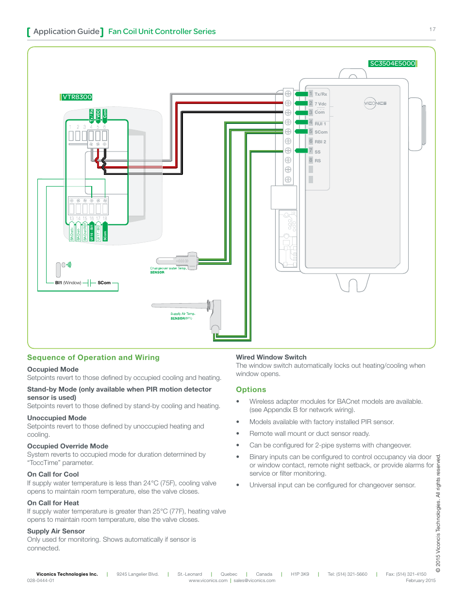 Fan coil unit controller series application guide, Sequence of operation and wiring, Options | Viconics VT8300 Low Voltage Application Guide User Manual | Page 17 / 64