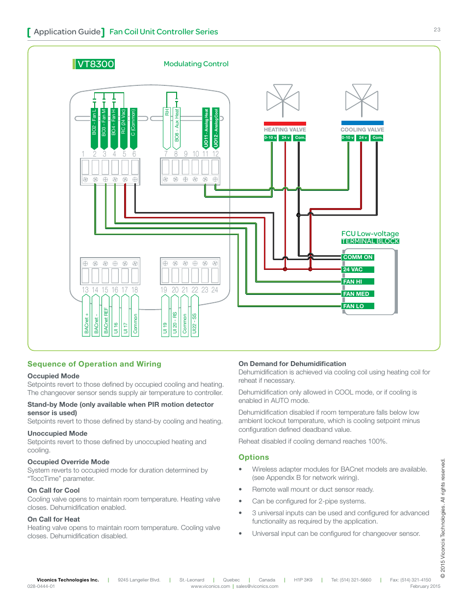 Vt8300, Fan coil unit controller series application guide, Modulating control | Fcu low-voltage, Sequence of operation and wiring, Options | Viconics VT8300 Low Voltage Application Guide User Manual | Page 23 / 64