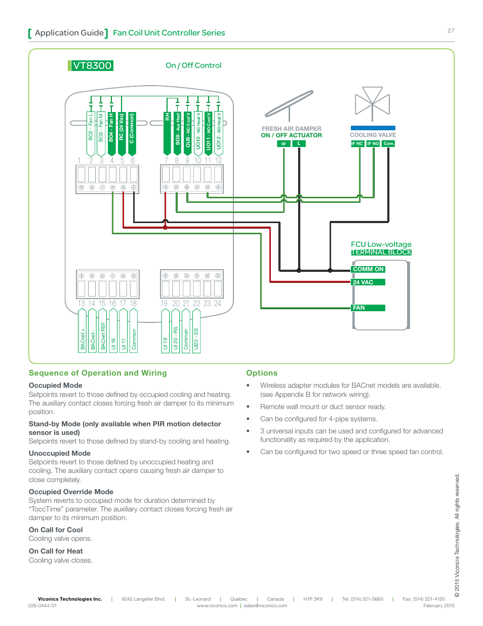Vt8300, Fan coil unit controller series application guide, On / off control | Fcu low-voltage, Terminal block, Sequence of operation and wiring, Options | Viconics VT8300 Low Voltage Application Guide User Manual | Page 27 / 64