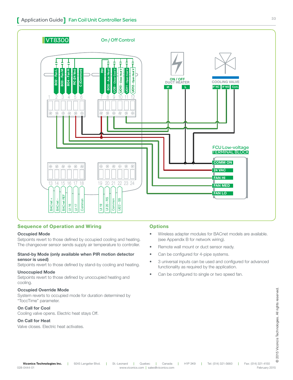 Vt8300, Fan coil unit controller series application guide, On / off control | Fcu low-voltage terminal block, Sequence of operation and wiring, Options | Viconics VT8300 Low Voltage Application Guide User Manual | Page 33 / 64