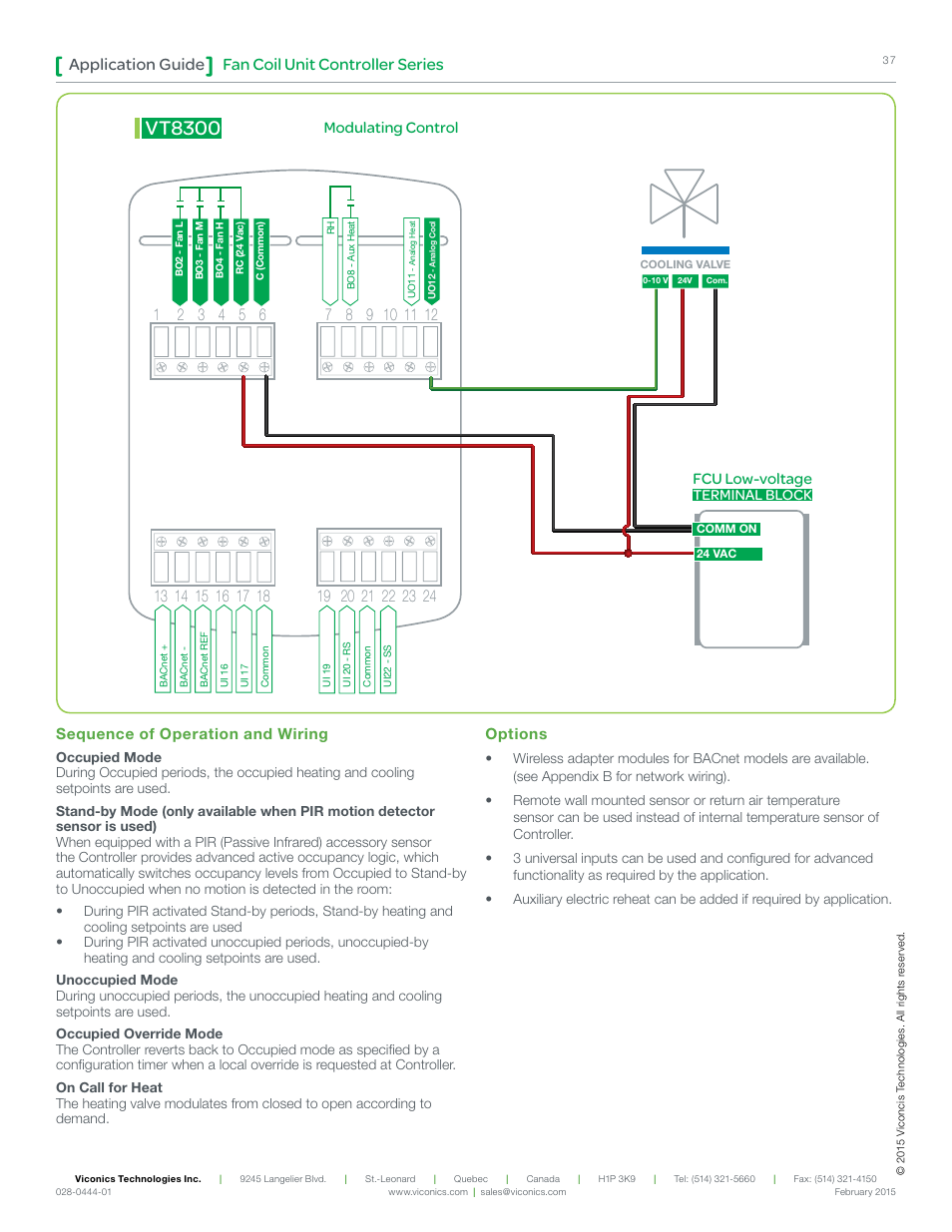 Vt8300, Fan coil unit controller series application guide, Modulating control | Fcu low-voltage, Terminal block sequence of operation and wiring, Options | Viconics VT8300 Low Voltage Application Guide User Manual | Page 37 / 64