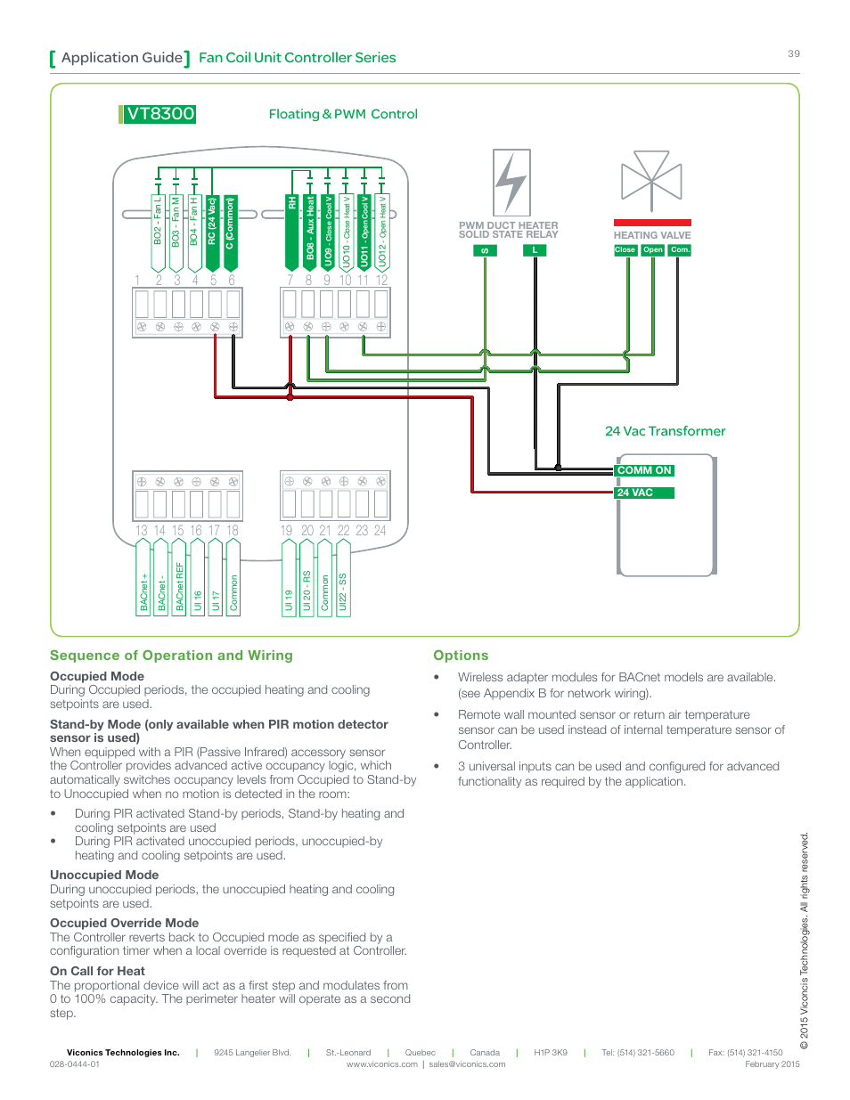 Vt8300, Fan coil unit controller series application guide, Floating & pwm control | 24 vac transformer, Sequence of operation and wiring, Options | Viconics VT8300 Low Voltage Application Guide User Manual | Page 39 / 64