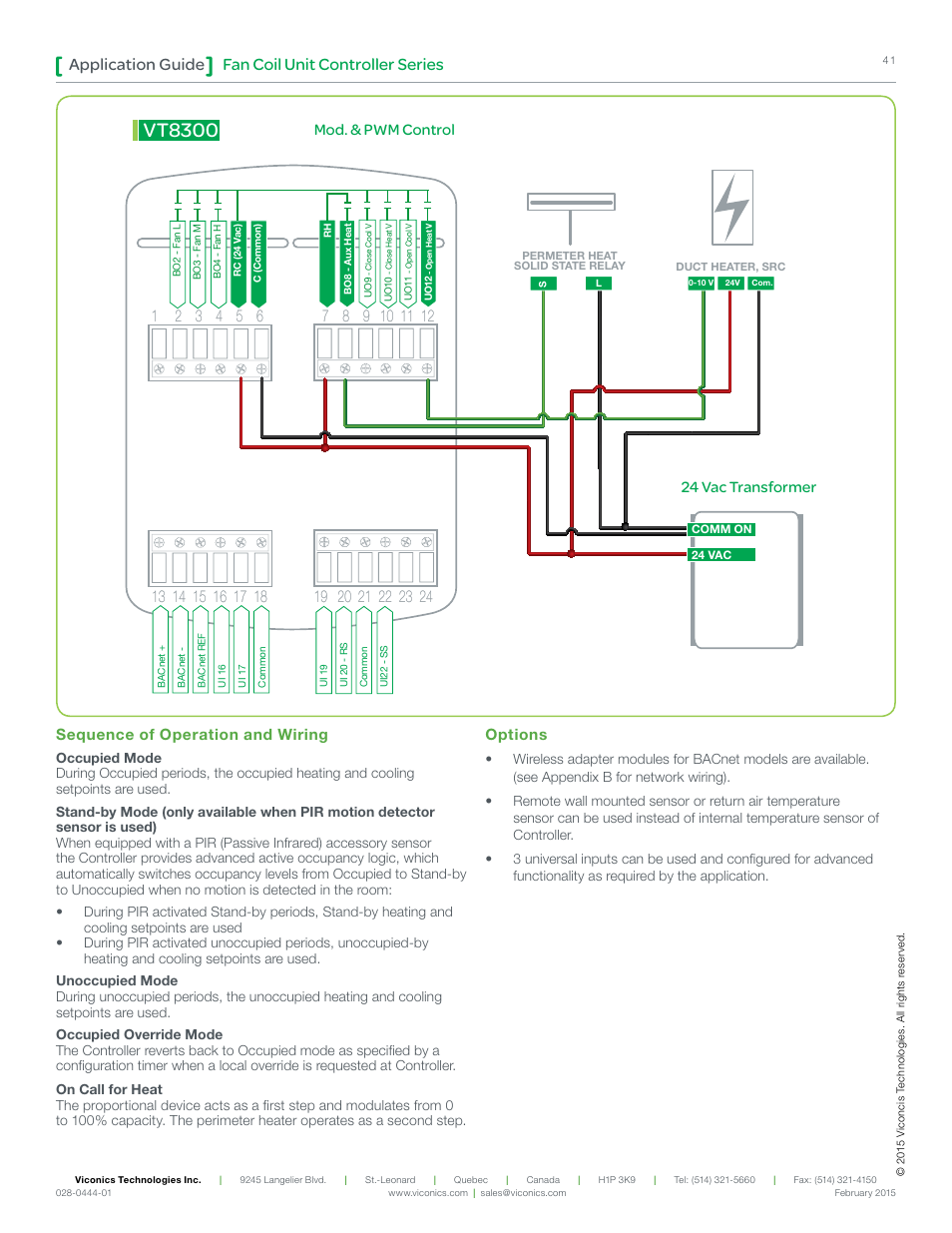 Vt8300, Fan coil unit controller series application guide, Mod. & pwm control | 24 vac transformer, Sequence of operation and wiring, Options | Viconics VT8300 Low Voltage Application Guide User Manual | Page 41 / 64