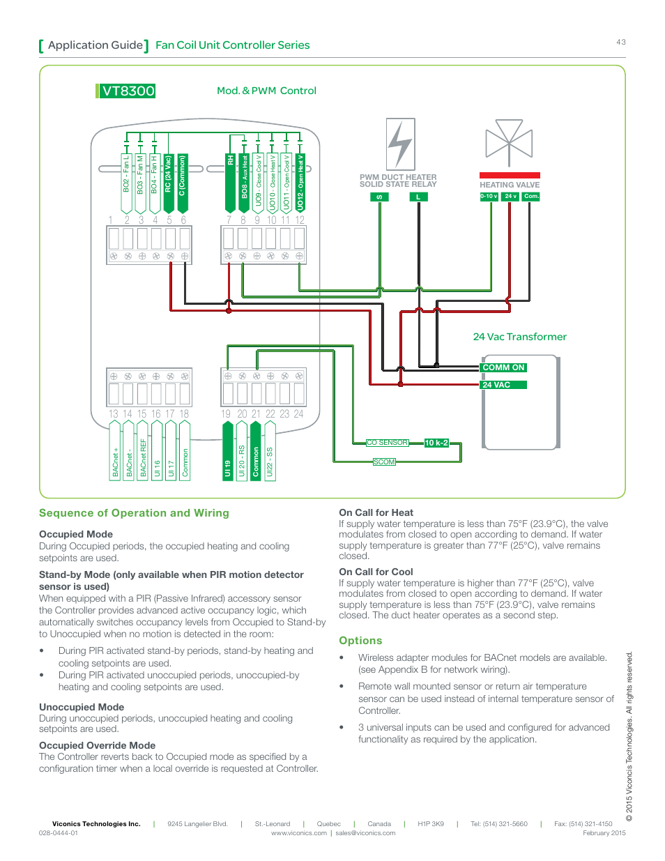 Vt8300, Fan coil unit controller series application guide, Mod. & pwm control | 24 vac transformer, Sequence of operation and wiring, Options | Viconics VT8300 Low Voltage Application Guide User Manual | Page 43 / 64