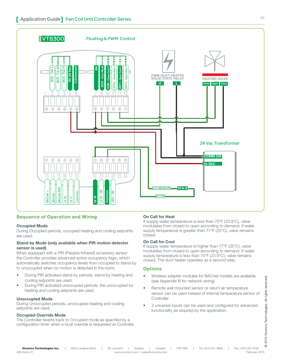 Vt8300, Fan coil unit controller series application guide, Floating & pwm control | 24 vac transformer, Sequence of operation and wiring, Options | Viconics VT8300 Low Voltage Application Guide User Manual | Page 45 / 64