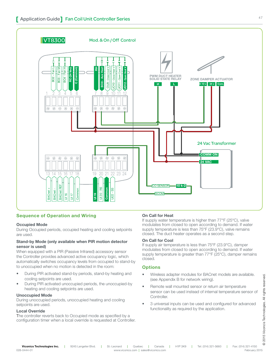 Vt8300, Fan coil unit controller series application guide, Mod. & on / off control | 24 vac transformer, Sequence of operation and wiring, Options | Viconics VT8300 Low Voltage Application Guide User Manual | Page 47 / 64