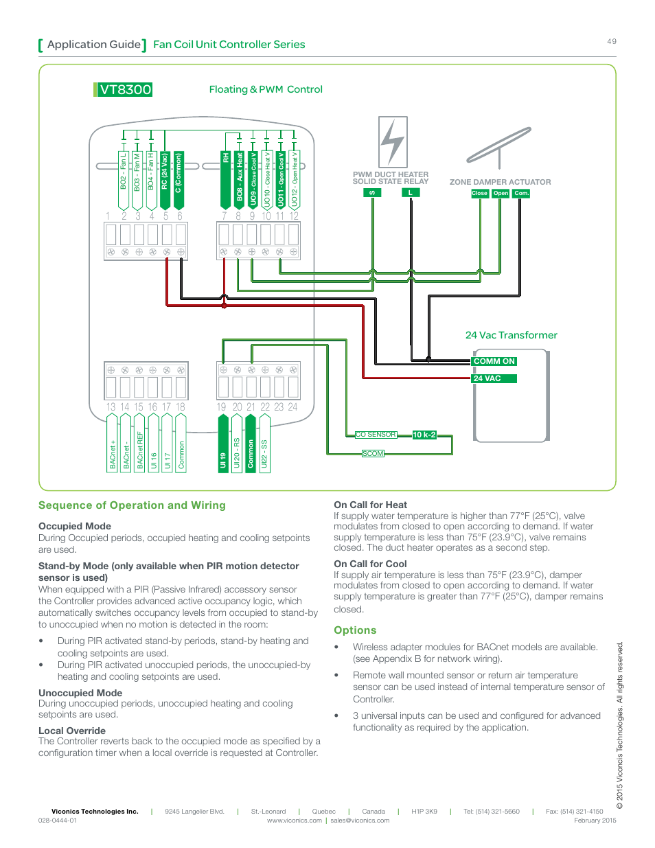 Vt8300, Fan coil unit controller series application guide, Floating & pwm control | 24 vac transformer, Sequence of operation and wiring, Options | Viconics VT8300 Low Voltage Application Guide User Manual | Page 49 / 64