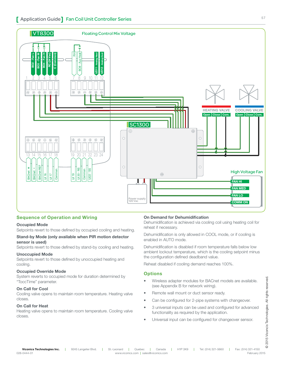 Vt8300, Sc1300, Fan coil unit controller series application guide | Sequence of operation and wiring, Options | Viconics VT8300 Low Voltage Application Guide User Manual | Page 57 / 64