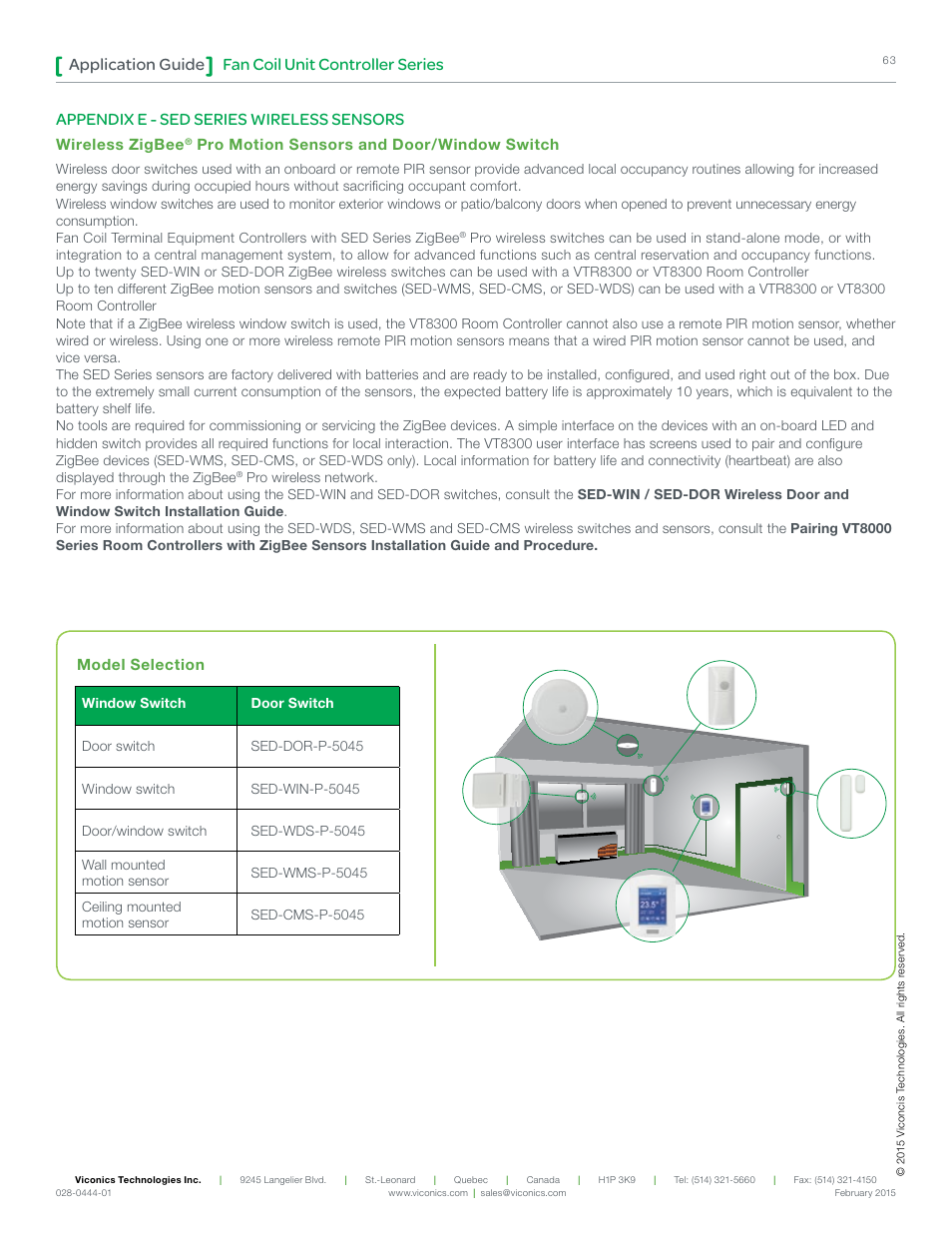 Fan coil unit controller series application guide, Appendix e - sed series wireless sensors, Wireless zigbee | Pro motion sensors and door/window switch, Model selection | Viconics VT8300 Low Voltage Application Guide User Manual | Page 63 / 64