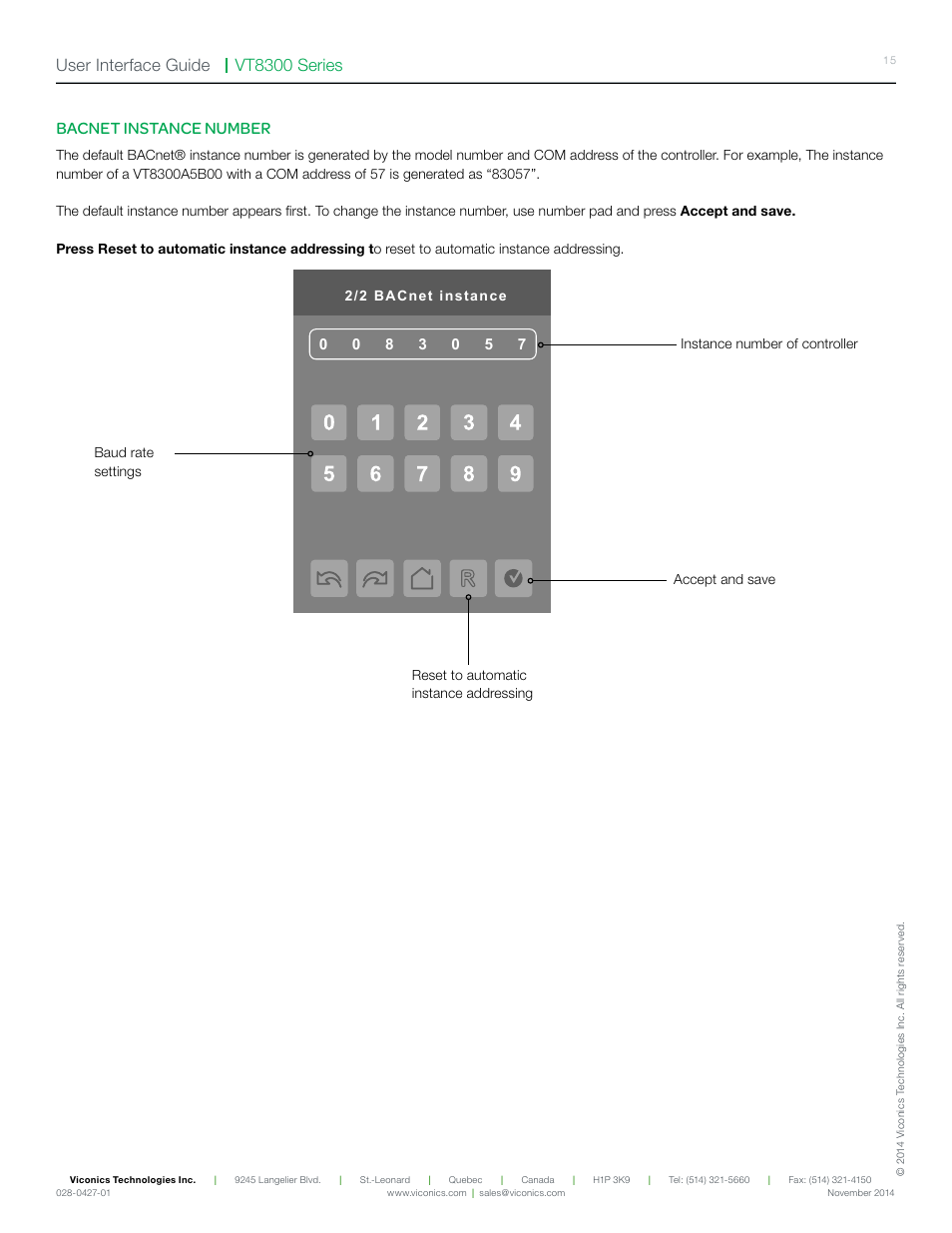 Vt8300 series user interface guide, Bacnet instance number | Viconics VT8300 Low Voltage User Interface Guide User Manual | Page 15 / 45