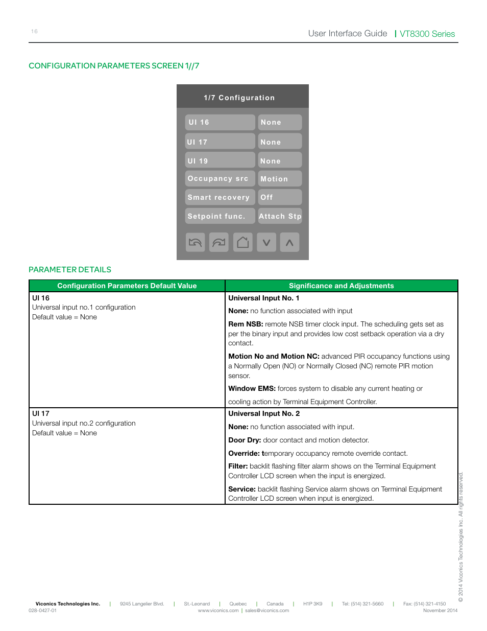 Configuration parameters screen 1//7 | Viconics VT8300 Low Voltage User Interface Guide User Manual | Page 16 / 45