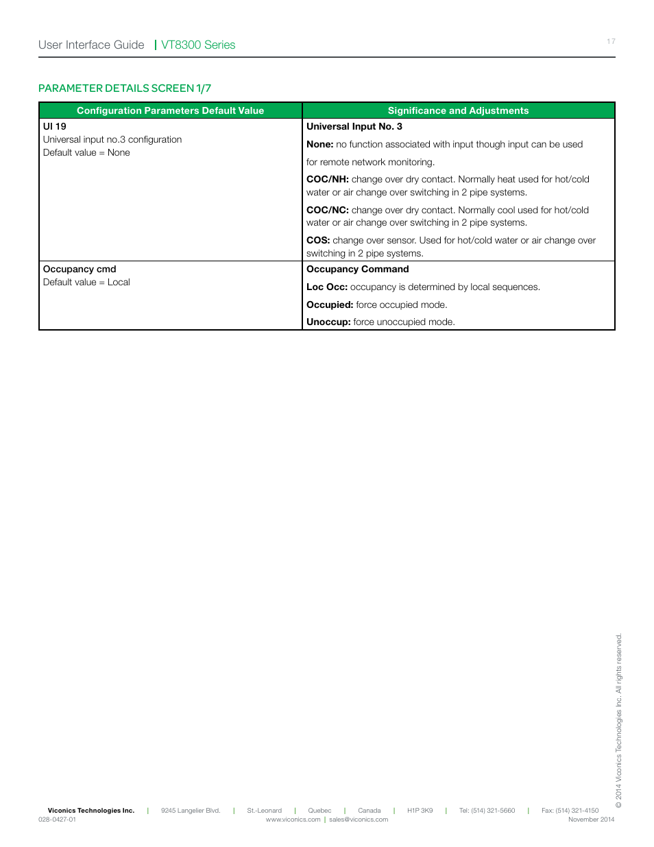 Vt8300 series user interface guide, Parameter details screen 1/7 | Viconics VT8300 Low Voltage User Interface Guide User Manual | Page 17 / 45