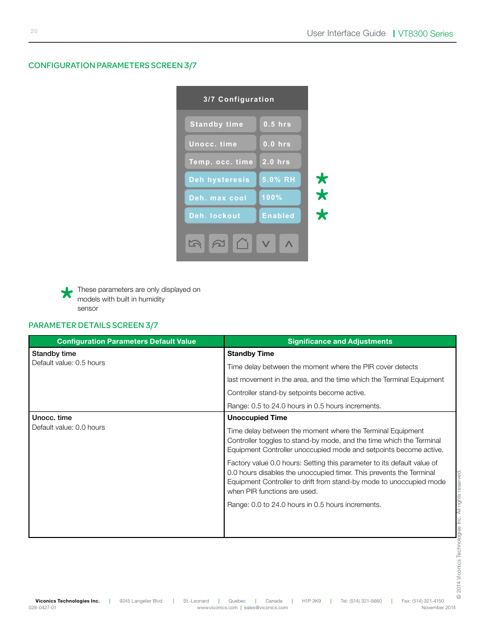 Vt8300 series user interface guide, Configuration parameters screen 3/7, Parameter details screen 3/7 | Viconics VT8300 Low Voltage User Interface Guide User Manual | Page 20 / 45