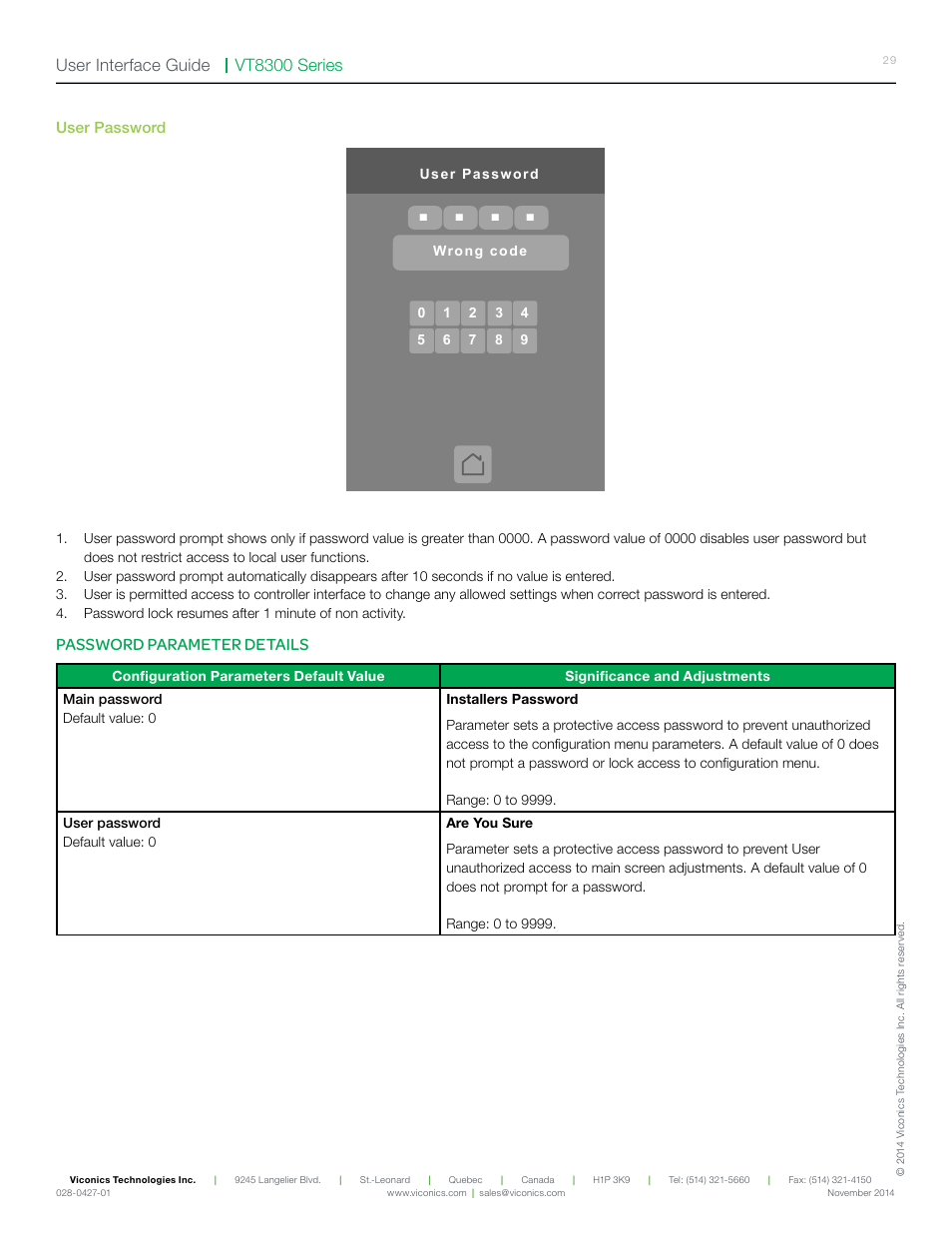 Vt8300 series user interface guide, Password parameter details | Viconics VT8300 Low Voltage User Interface Guide User Manual | Page 29 / 45