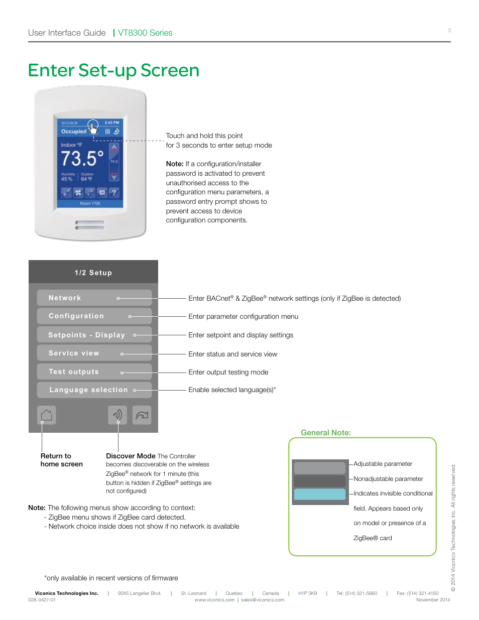 Enter set-up screen, Vt8300 series user interface guide | Viconics VT8300 Low Voltage User Interface Guide User Manual | Page 3 / 45