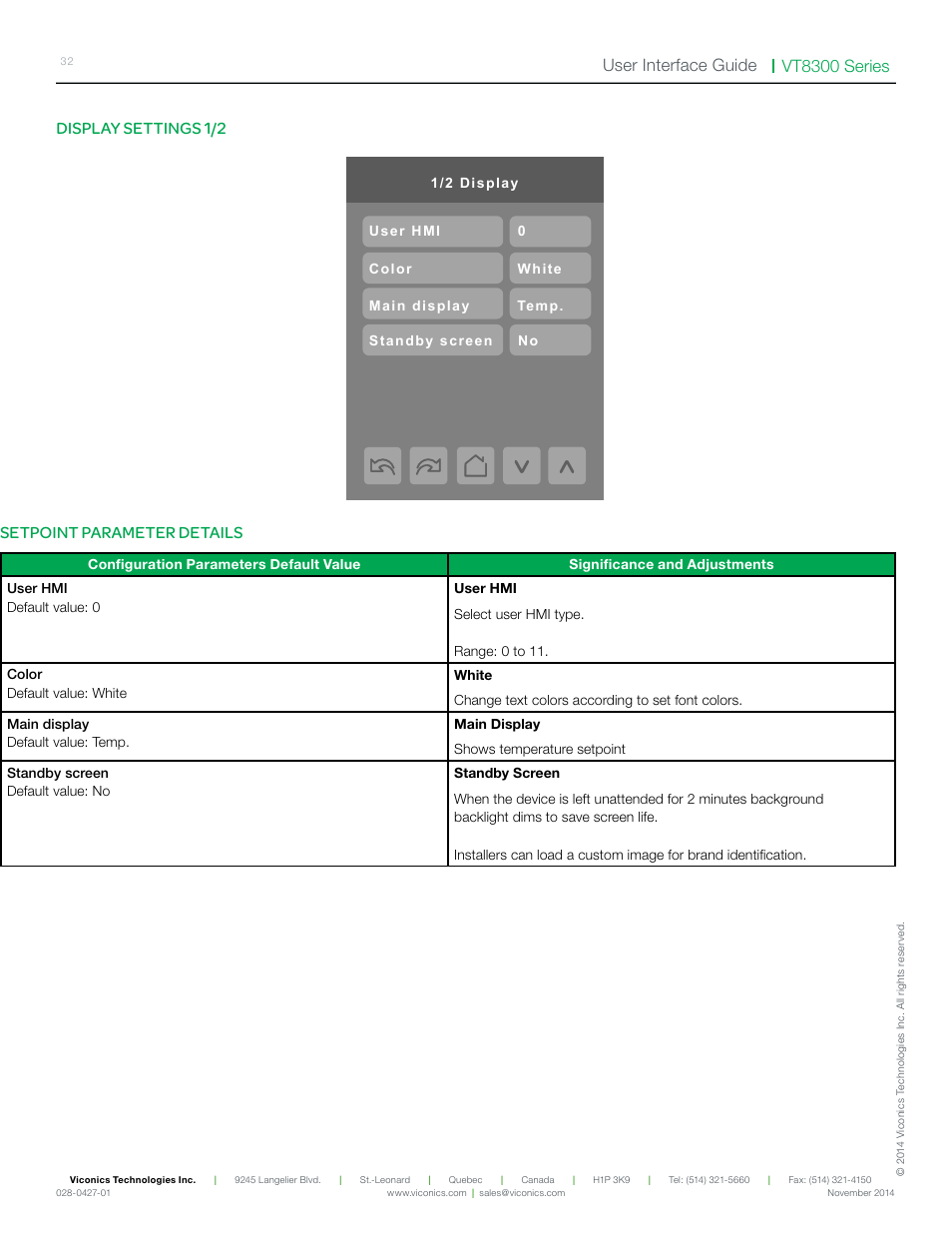 Vt8300 series user interface guide, Display settings 1/2 setpoint parameter details | Viconics VT8300 Low Voltage User Interface Guide User Manual | Page 32 / 45