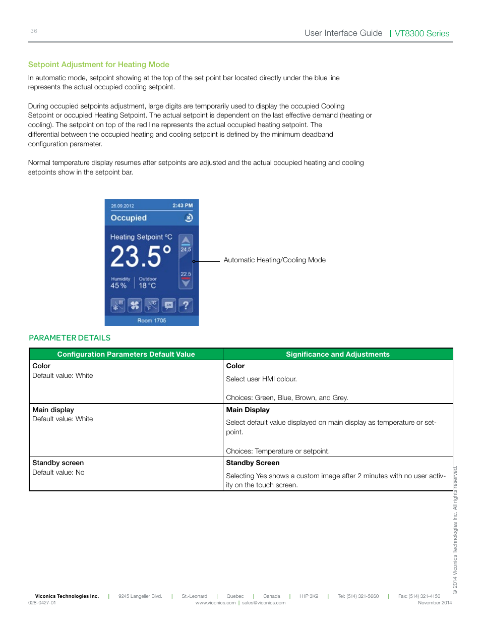 Vt8300 series user interface guide, Parameter details, Setpoint adjustment for heating mode | Viconics VT8300 Low Voltage User Interface Guide User Manual | Page 36 / 45