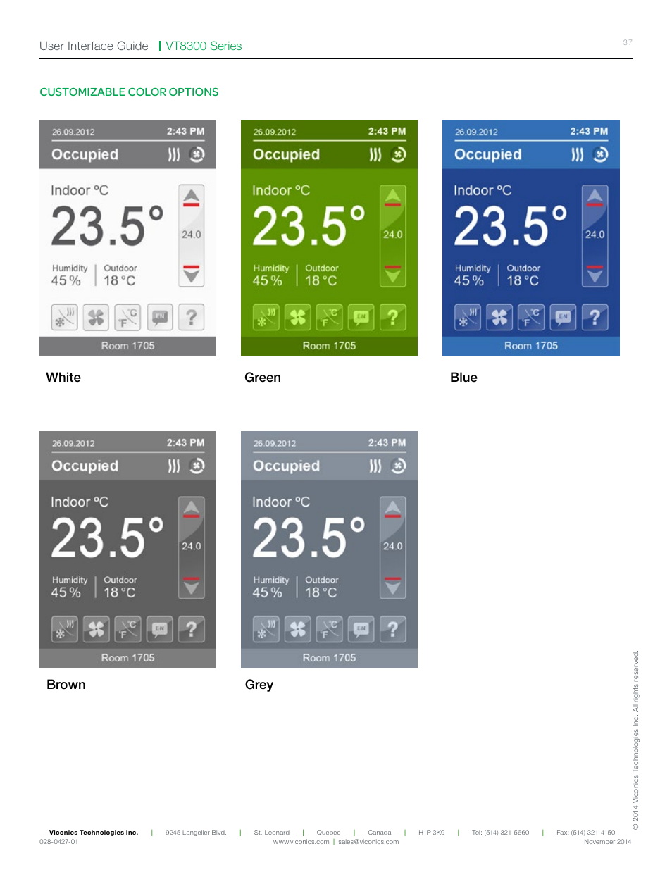 White green blue brown grey, Vt8300 series user interface guide, Customizable color options | Viconics VT8300 Low Voltage User Interface Guide User Manual | Page 37 / 45