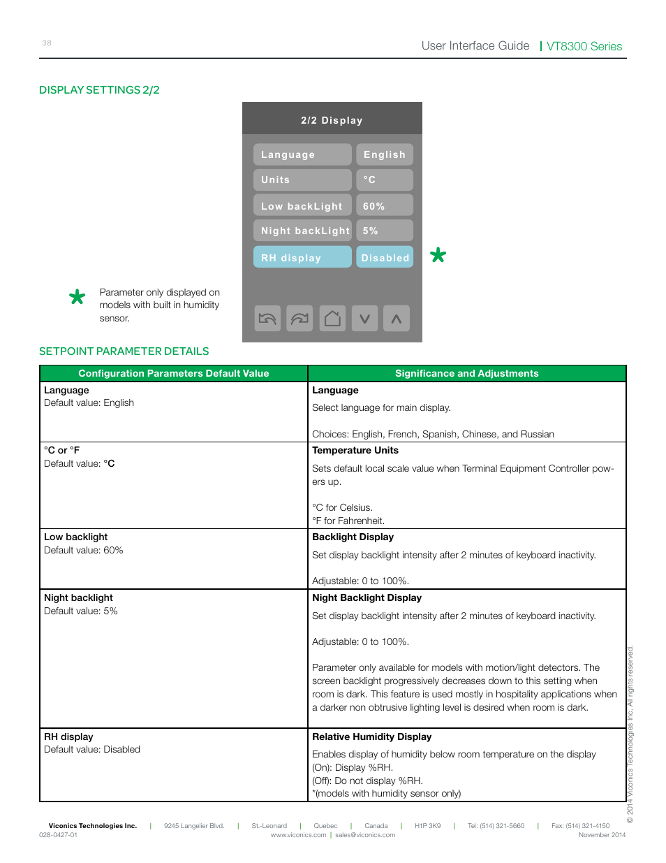 Vt8300 series user interface guide, Display settings 2/2, Setpoint parameter details | Viconics VT8300 Low Voltage User Interface Guide User Manual | Page 38 / 45