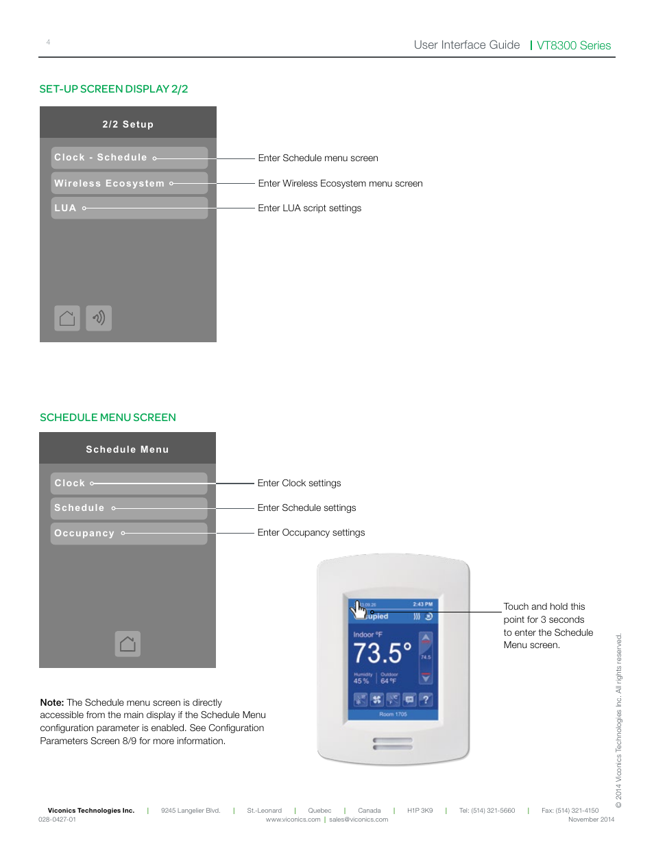 Schedule menu screen | Viconics VT8300 Low Voltage User Interface Guide User Manual | Page 4 / 45