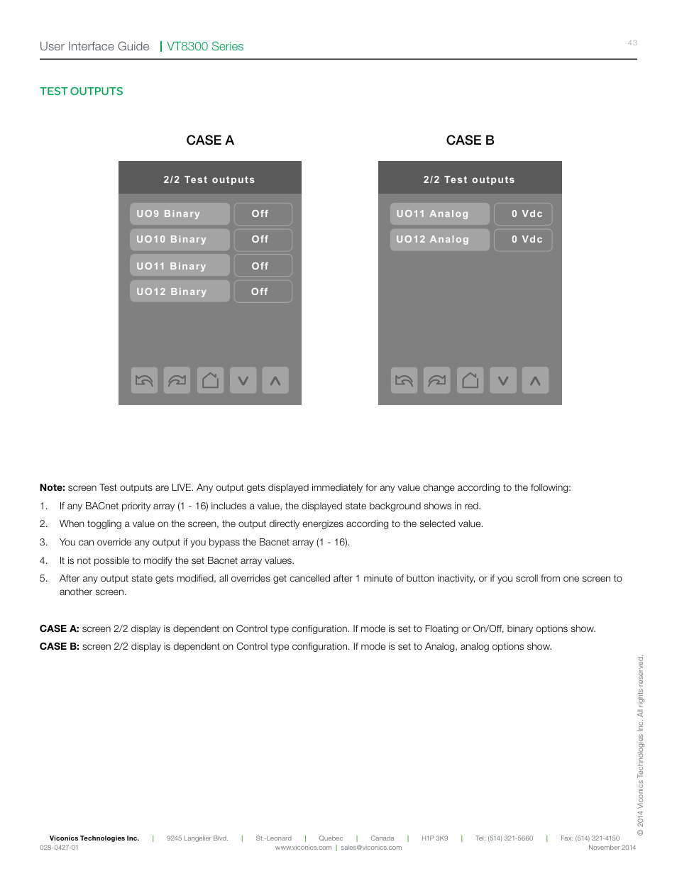 Case a case b, Vt8300 series user interface guide, Test outputs | Viconics VT8300 Low Voltage User Interface Guide User Manual | Page 43 / 45