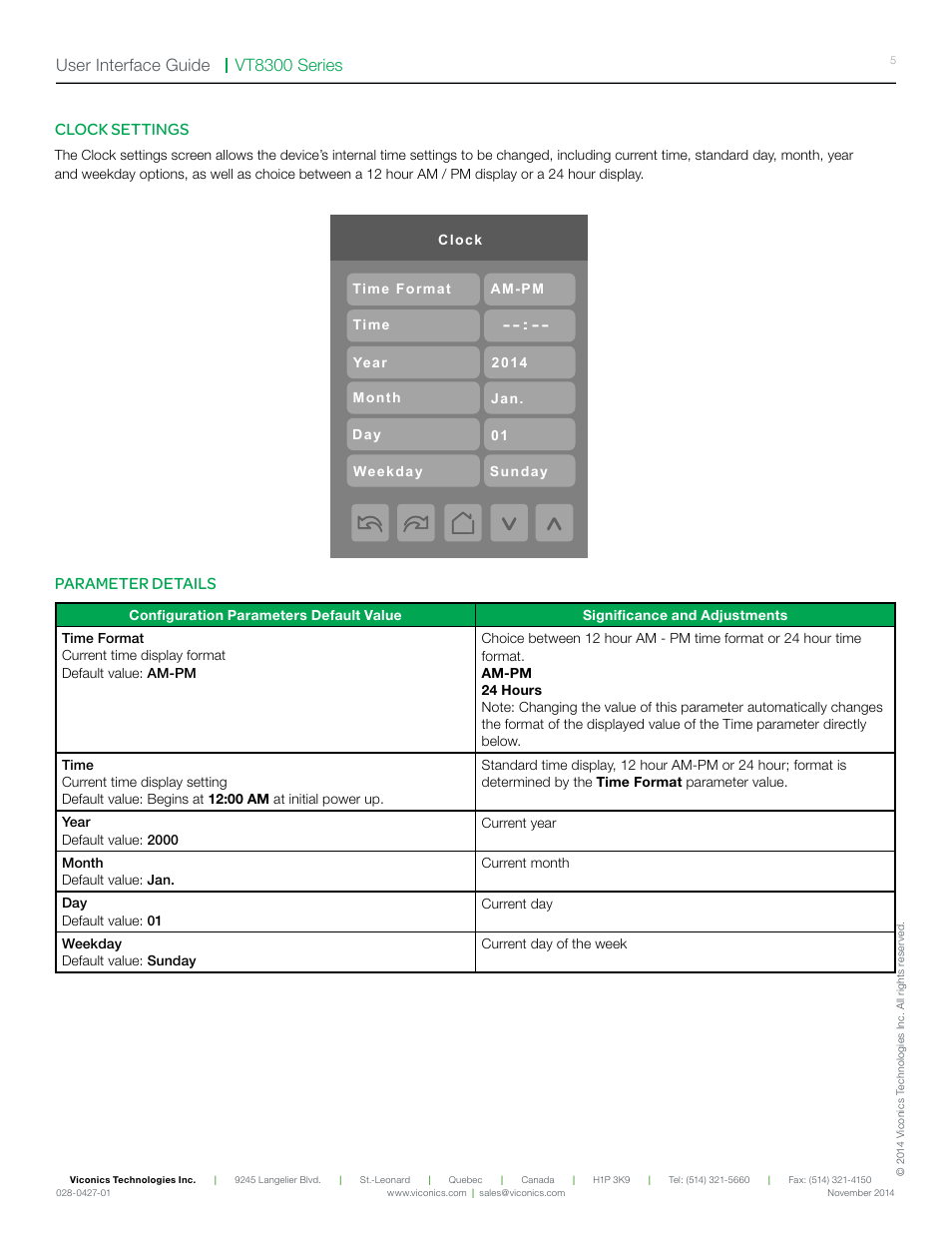 Vt8300 series user interface guide, Clock settings, Parameter details | Viconics VT8300 Low Voltage User Interface Guide User Manual | Page 5 / 45