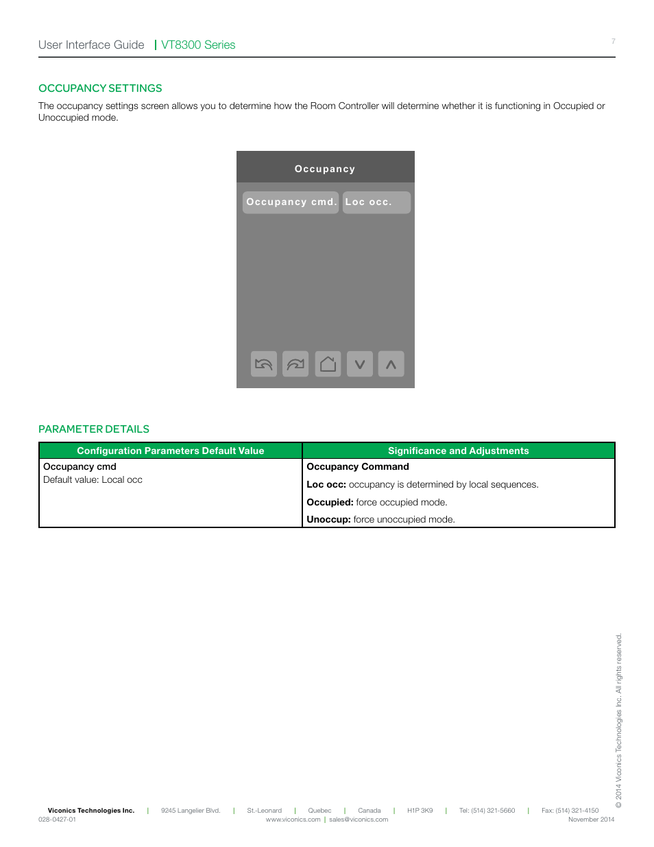 Vt8300 series user interface guide, Occupancy settings, Parameter details | Viconics VT8300 Low Voltage User Interface Guide User Manual | Page 7 / 45