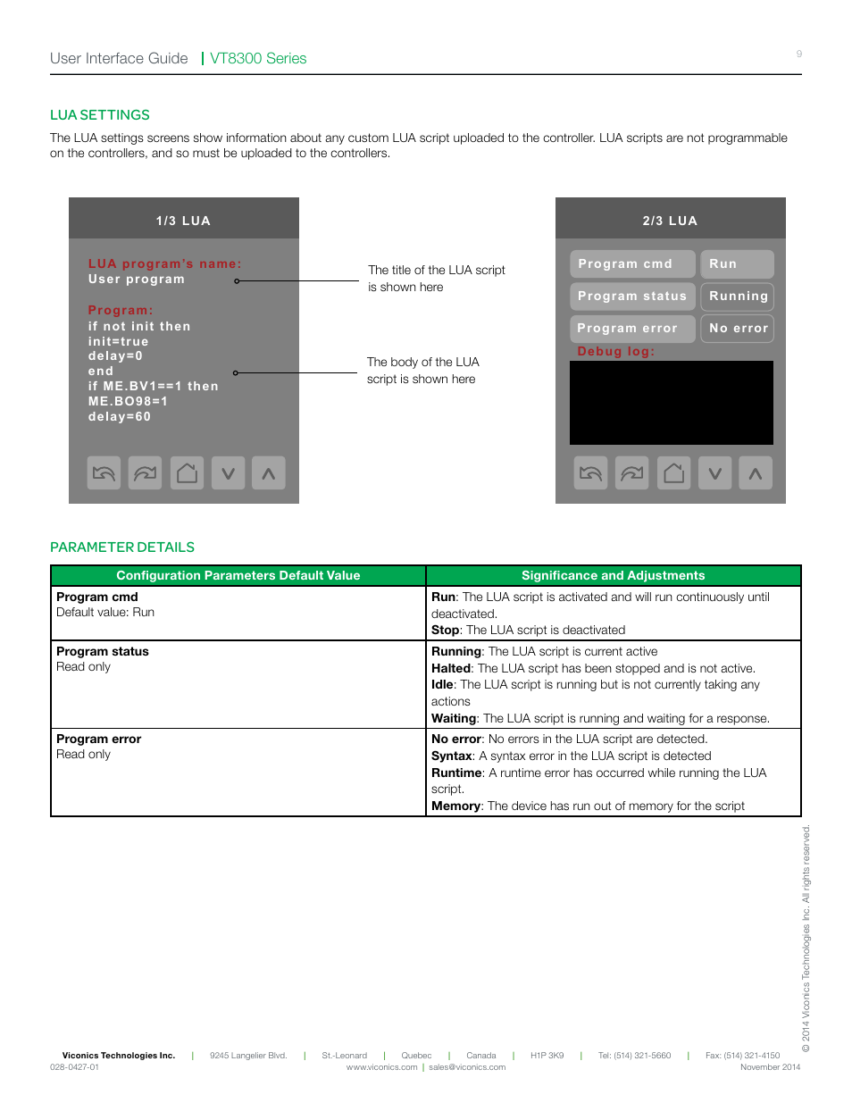 Vt8300 series user interface guide, Lua settings, Parameter details | Viconics VT8300 Low Voltage User Interface Guide User Manual | Page 9 / 45