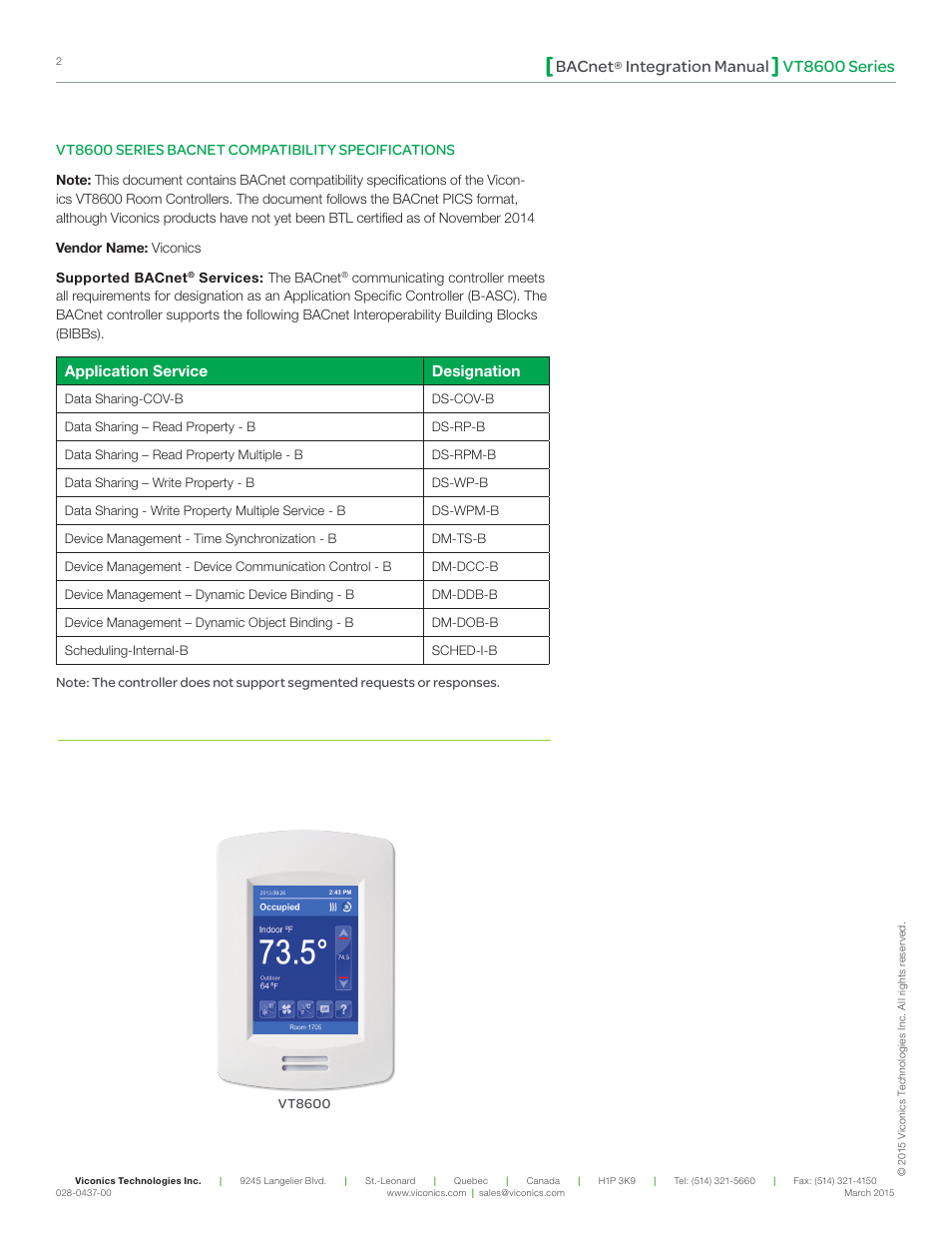 Vt8600 series bacnet, Integration manual, Vt8600 series bacnet compatibility specifications | Application service designation | Viconics VT8600 Series BACnet Integration Guide User Manual | Page 2 / 41