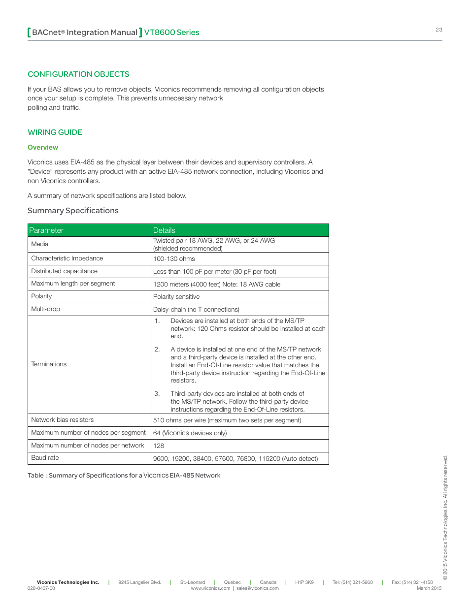 Vt8600 series bacnet, Integration manual, Configuration objects | Wiring guide, Summary specifications, Parameter details | Viconics VT8600 Series BACnet Integration Guide User Manual | Page 23 / 41
