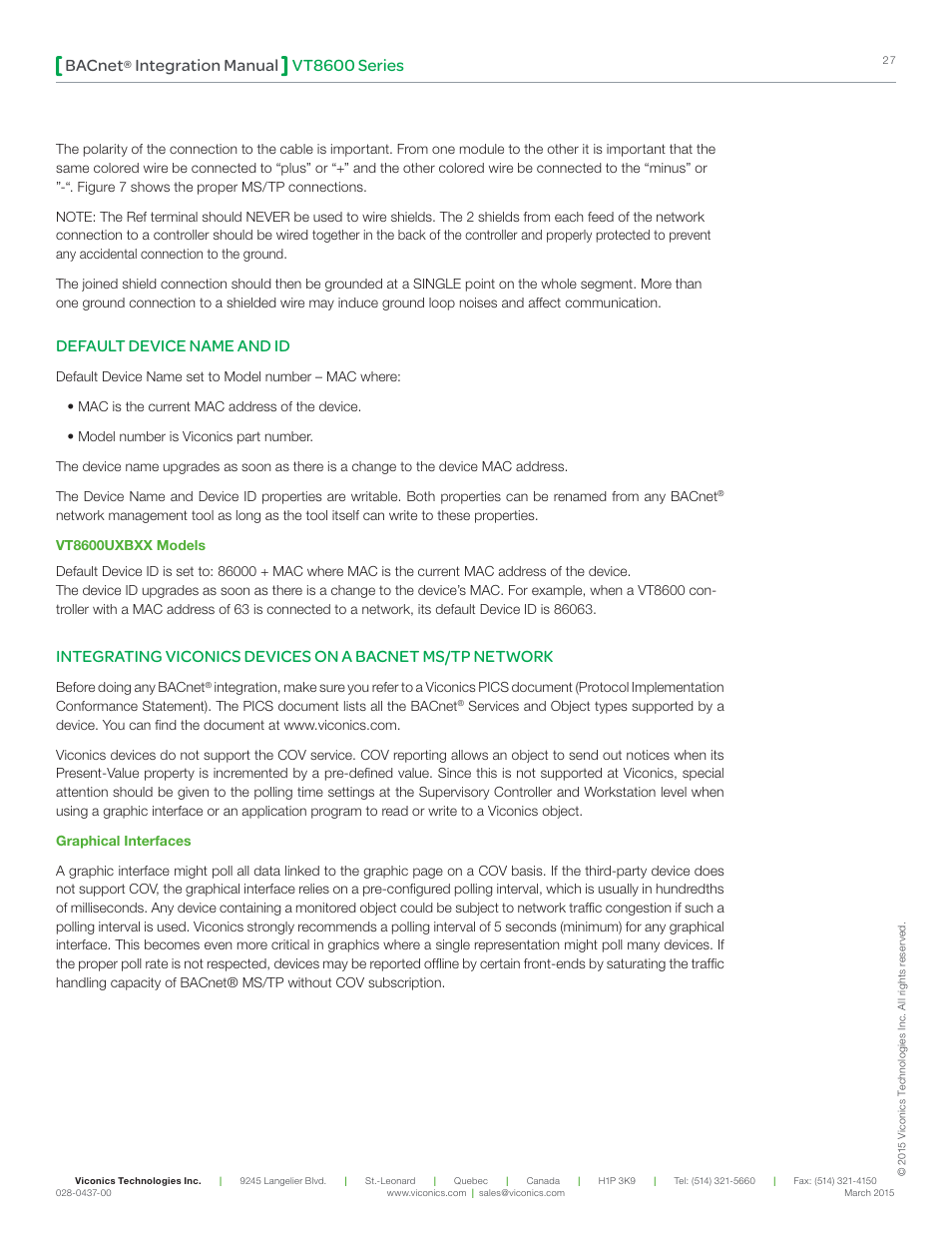 Vt8600 series bacnet, Integration manual, Default device name and id | Viconics VT8600 Series BACnet Integration Guide User Manual | Page 27 / 41