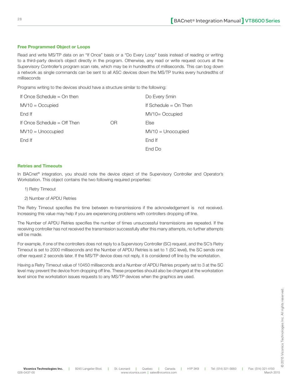 Vt8600 series bacnet, Integration manual | Viconics VT8600 Series BACnet Integration Guide User Manual | Page 28 / 41