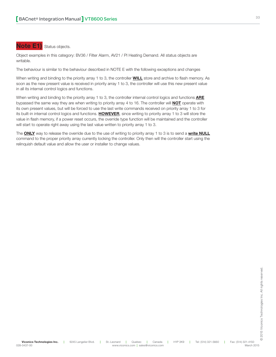 Vt8600 series bacnet, Integration manual | Viconics VT8600 Series BACnet Integration Guide User Manual | Page 33 / 41