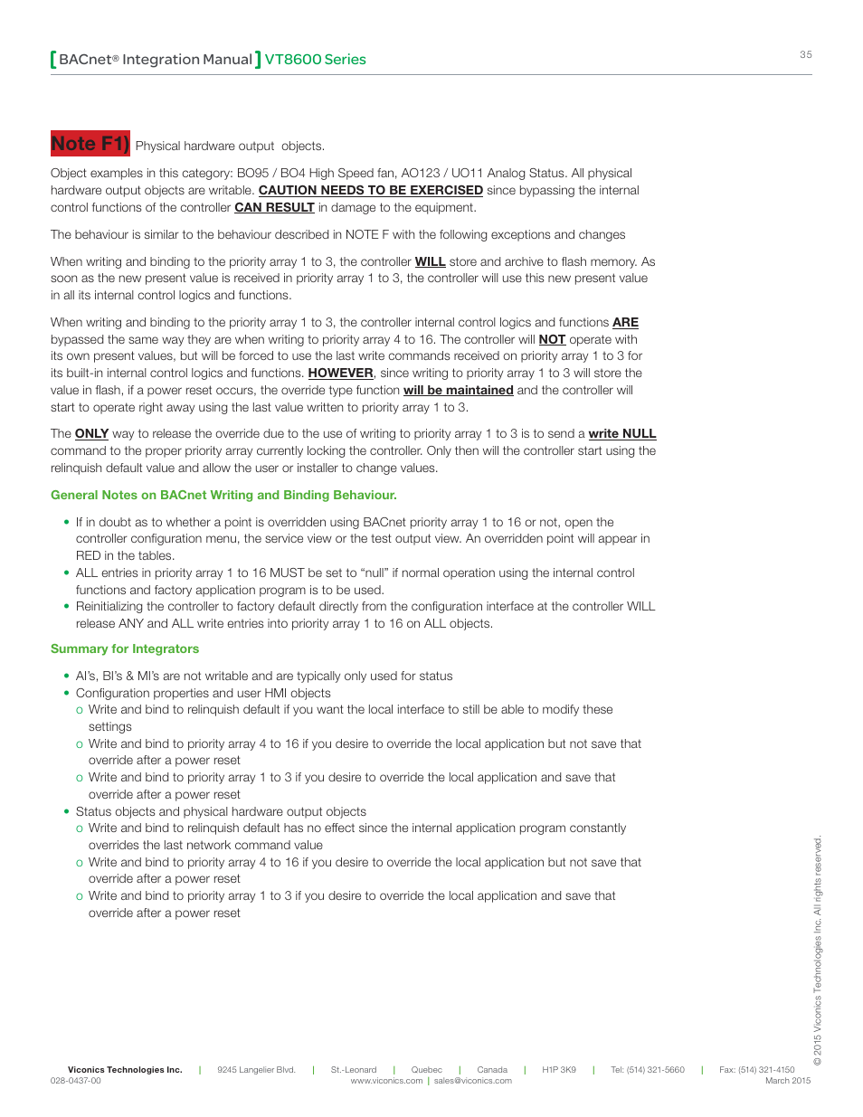 Vt8600 series bacnet, Integration manual | Viconics VT8600 Series BACnet Integration Guide User Manual | Page 35 / 41
