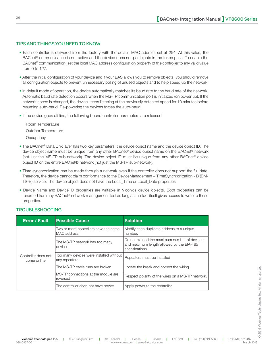 Vt8600 series bacnet, Integration manual, Tips and things you need to know | Troubleshooting | Viconics VT8600 Series BACnet Integration Guide User Manual | Page 36 / 41