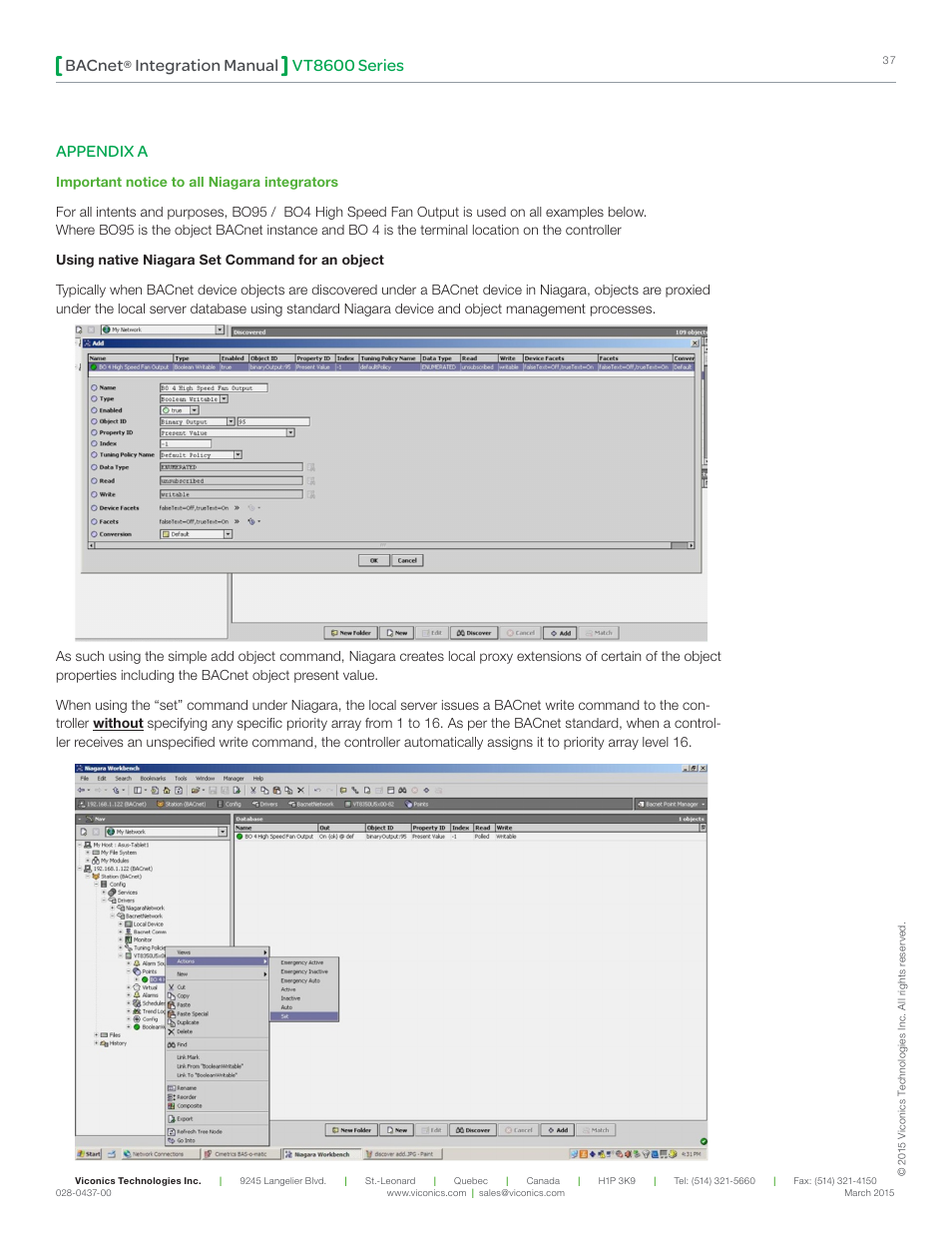 Vt8600 series bacnet, Integration manual, Appendix a | Viconics VT8600 Series BACnet Integration Guide User Manual | Page 37 / 41