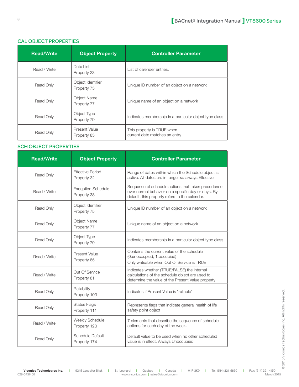 Vt8600 series bacnet, Integration manual, Cal object properties | Sch object properties | Viconics VT8600 Series BACnet Integration Guide User Manual | Page 8 / 41