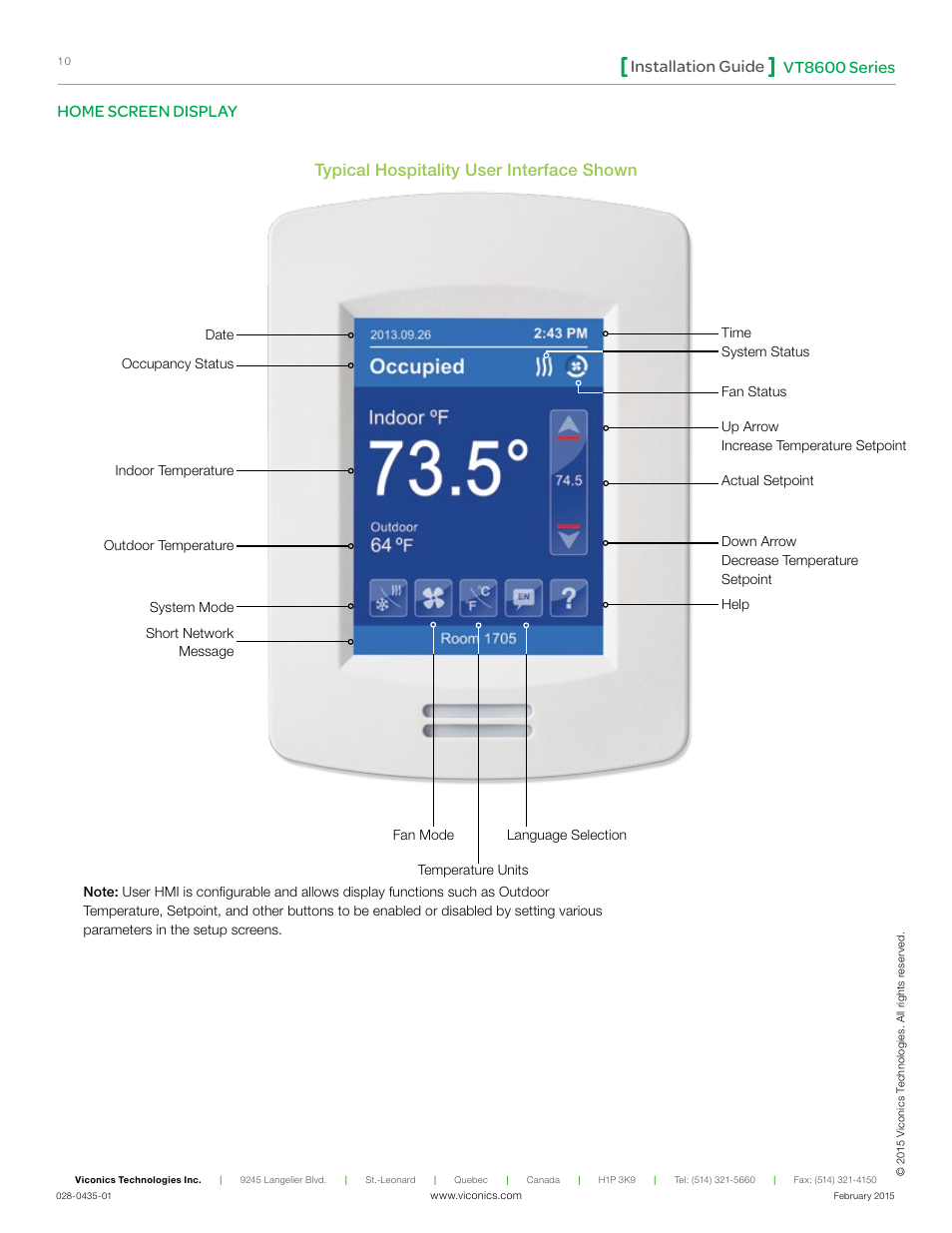 Vt8600 series installation guide, Home screen display, Typical hospitality user interface shown | Viconics VT8600 Installation Guide User Manual | Page 10 / 12