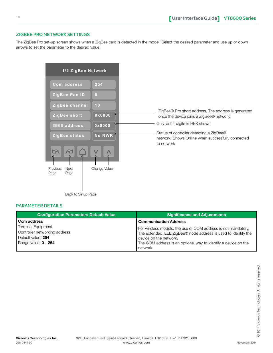 Vt8600 series user interface guide, Zigbee pro network settings, Parameter details | Viconics VT8600 User Interface Guide User Manual | Page 10 / 47