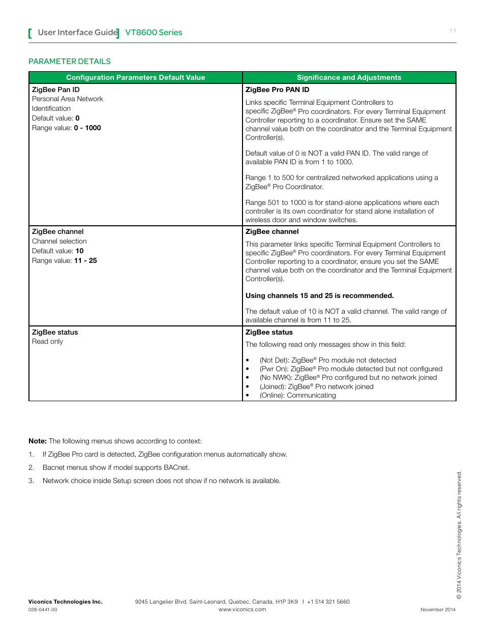 Vt8600 series, User interface guide, Parameter details | Viconics VT8600 User Interface Guide User Manual | Page 11 / 47